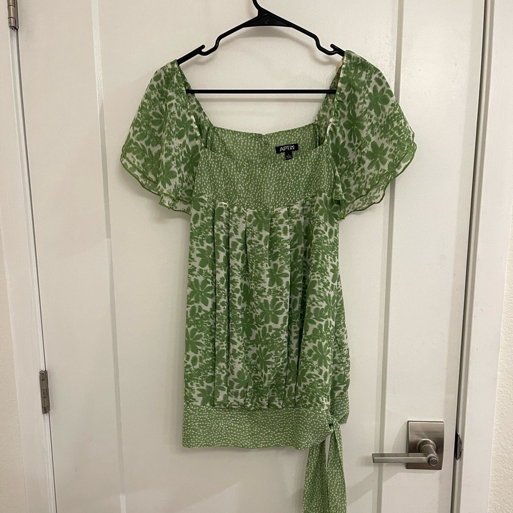Vintage Y2K Fairycore Babydoll Green Floral Tie-Hem Square Neck Blouse